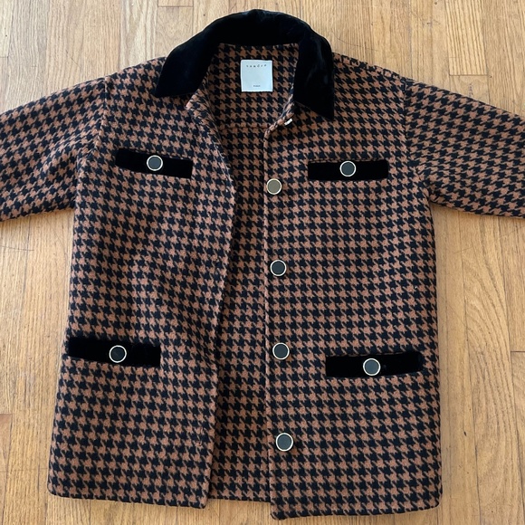 Sandro Houndstooth brown woolen jacket with fur - Picture 2 of 12